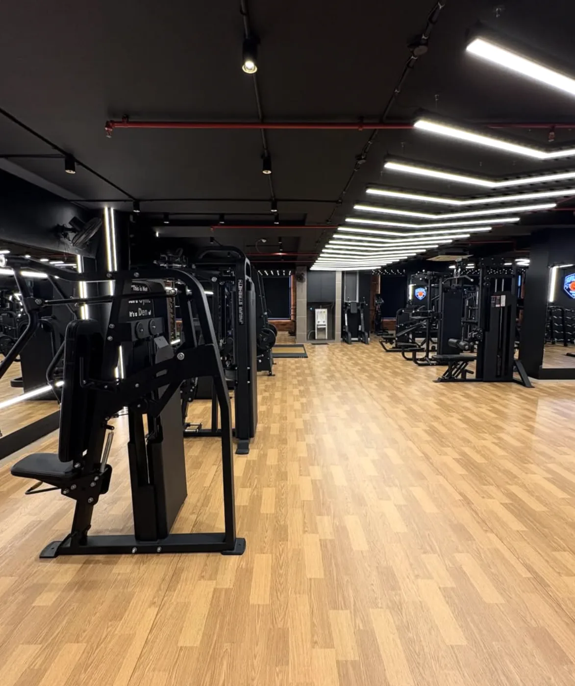 Wide view of the Jaguar Fitness Den training floor with a strength machine, mirrors, LED line lighting and wood-effect flooring